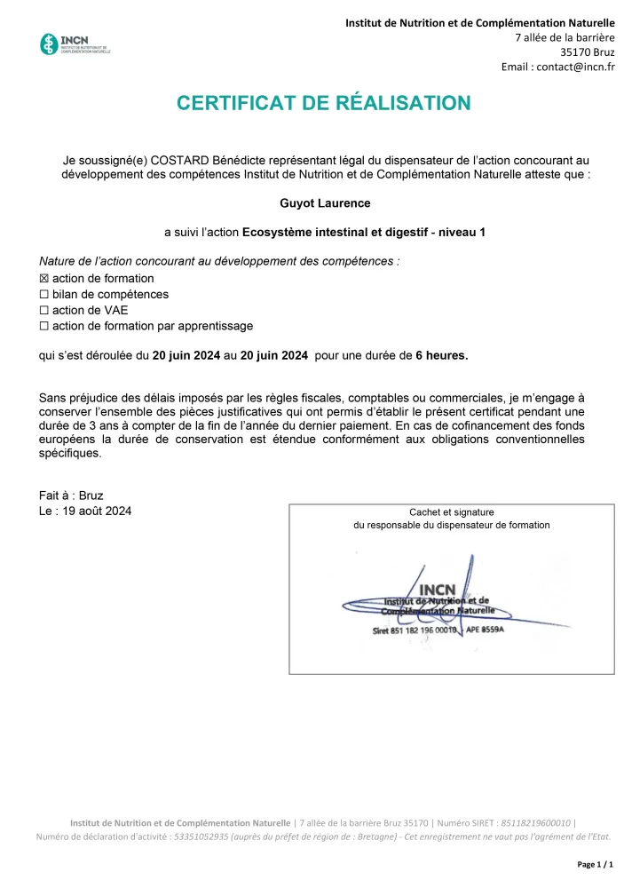 certifattestation écosystème intestinal et digestif niveau 1